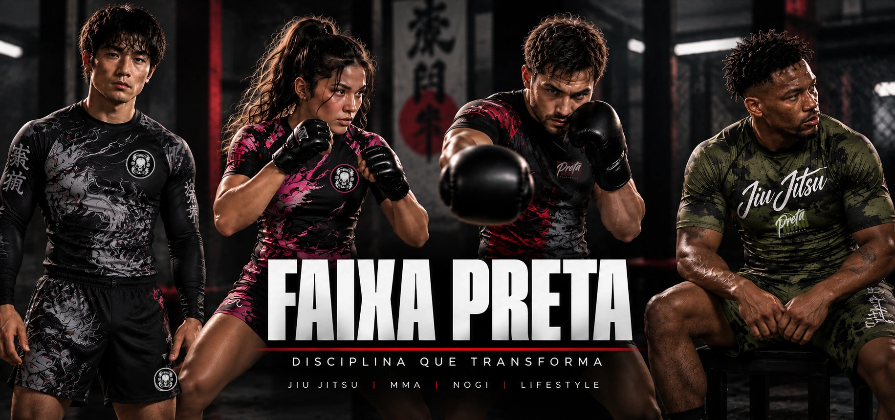 Campaña FAIXA PRETA: cuatro atletas de Jiu Jitsu, MMA y NOGI con rashguards de diseño japonés — Disciplina que transforma